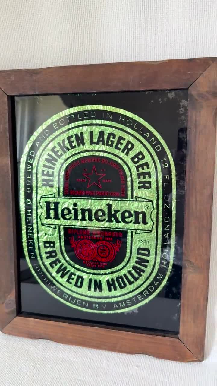 Letrero de espejo vintage de Heineken, decoración de pared para bar de cerveza, espejo de cristal enmarcado, decoración para cueva de hombre, letrero de pub retro, decoración publicitaria de cervecería video poster