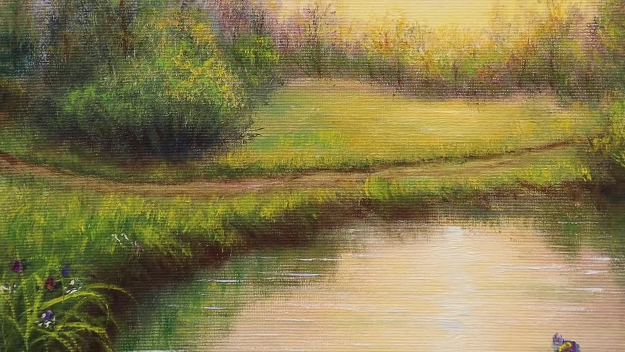 サンセットレイク油絵：リアルな野花咲く草原の風景 16x12 キャンバス