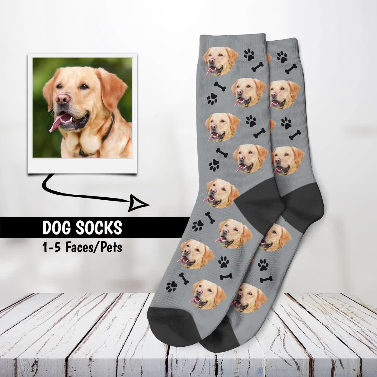 Custom Pet Face Socks - Personalized Cat and Dog Picture Tracks Paws Crew  Socks with Photo Text for Men Women