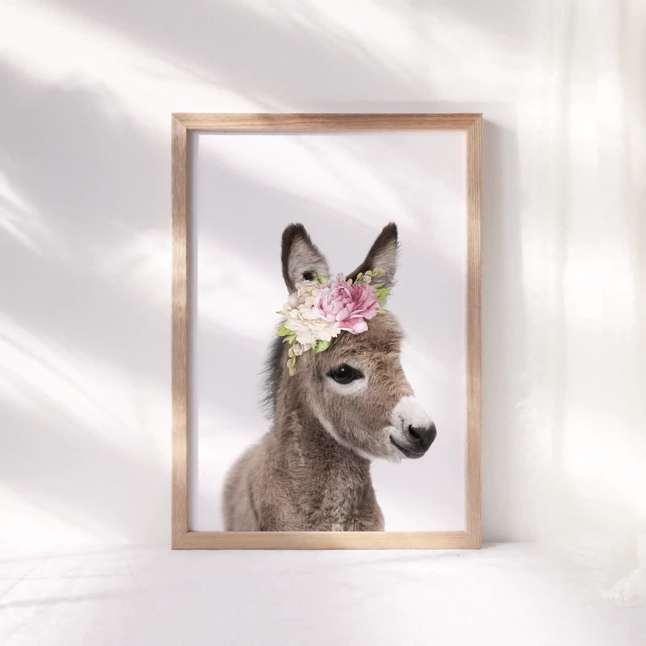 Baby Donkey Wall Art Print, Nursery Decor, Farm Animal with Flowers, Girls  Bedroom Poster, Pink Roses