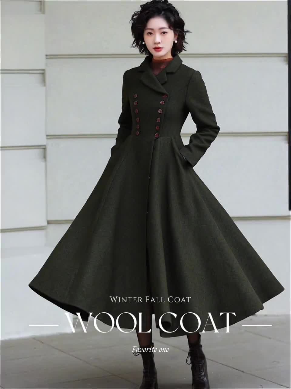 Olive Green Wool Blend Midi Coat: Double Breasted A-line Swing