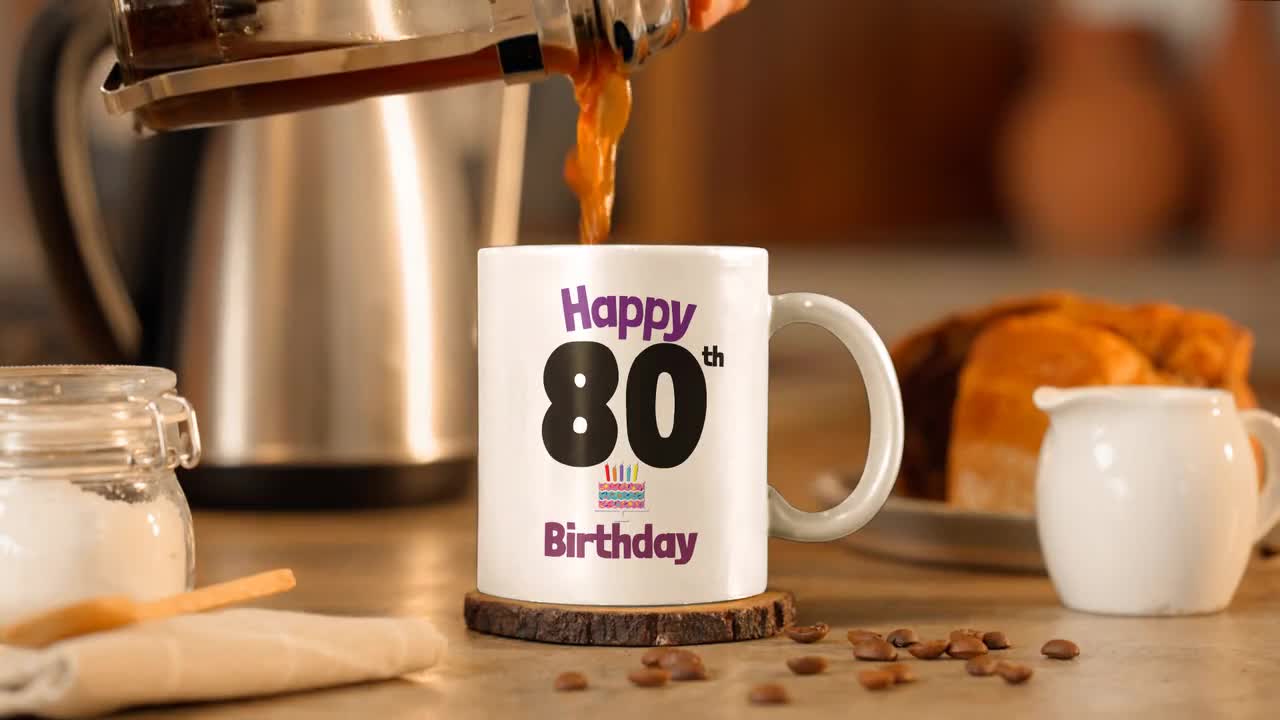 Happy 80th Birthday Mug, Birthday Gift for Women or Men, Ceramic Coffee Cup