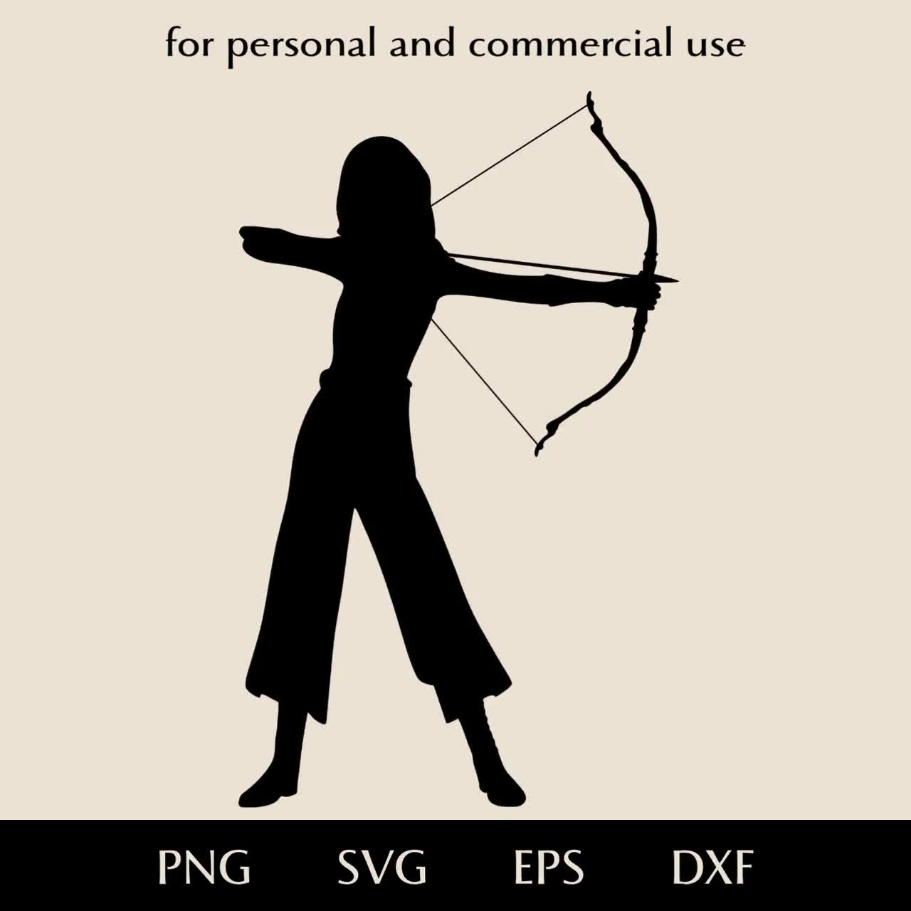 女性アーチャーのシルエット（SVG）、弓矢を持つ女性（PNG、EPS、DXF）、弓弦を引く女の子（ベクター）、アーチェリースポーツのクリップアート、ファンタジーガールのロゴ, image size:1280x1280