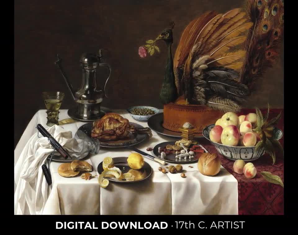 孔雀のパイの静物画アートプリント – 17世紀オランダ絵画（デジタル