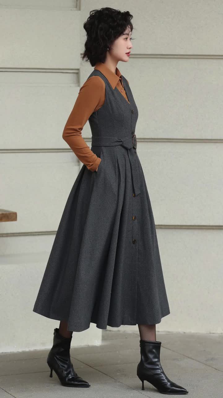 Gray Wool-blend Pinafore Dress: Vintage Style Sleeveless A-line
