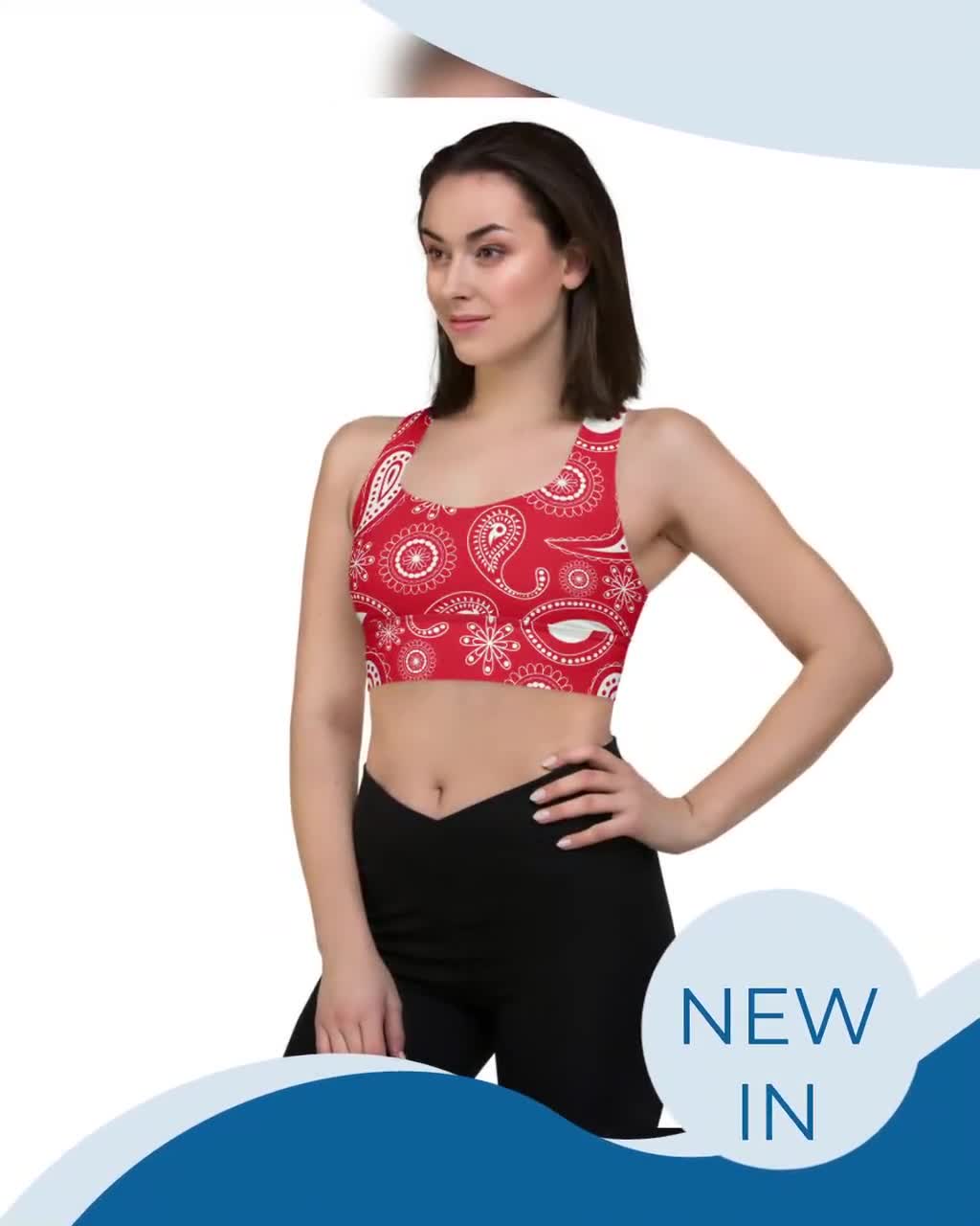 Red Bandana Paisley Design Longline Sports Bra compression, No See