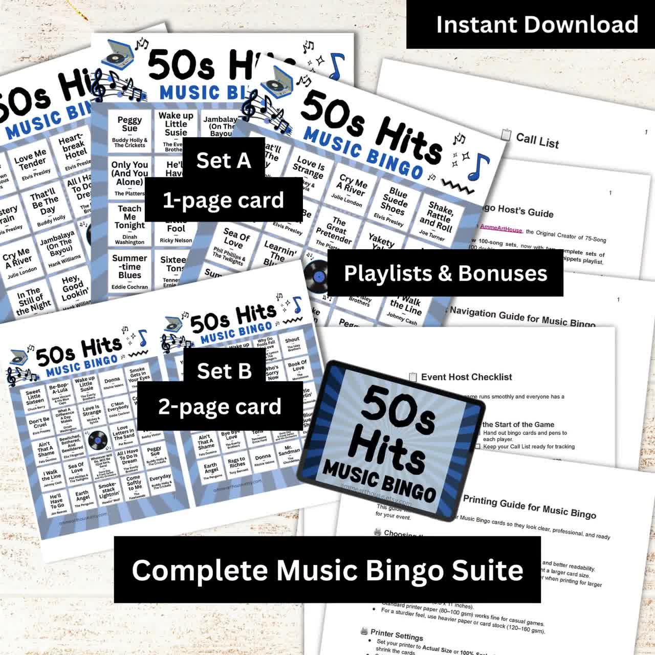 Bingo musical de los 50, 50 cartones, 100 listas de reproducción de canciones incluidas, juego en PDF imprimible, descarga instantánea video poster