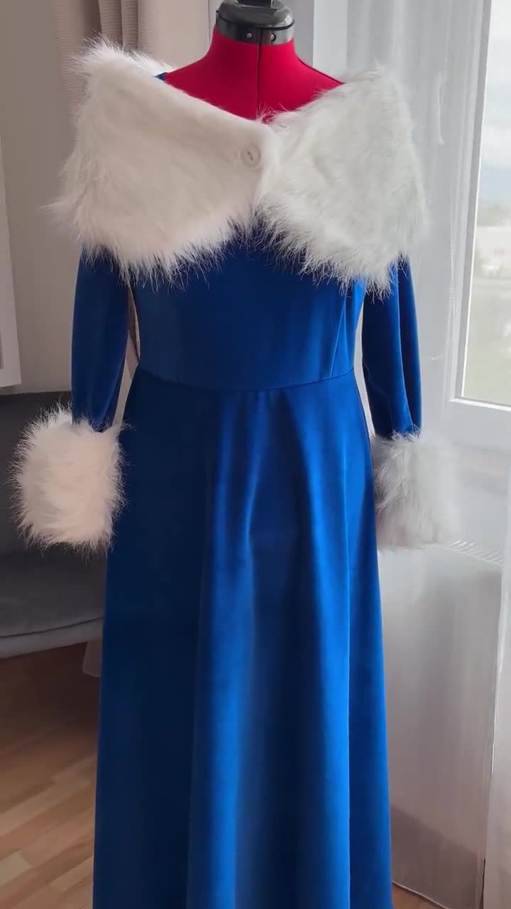 Blue Velvet Mrs. Claus Maxi Dress – Detachable Faux Fur Collar, Cuffs, Made to measure