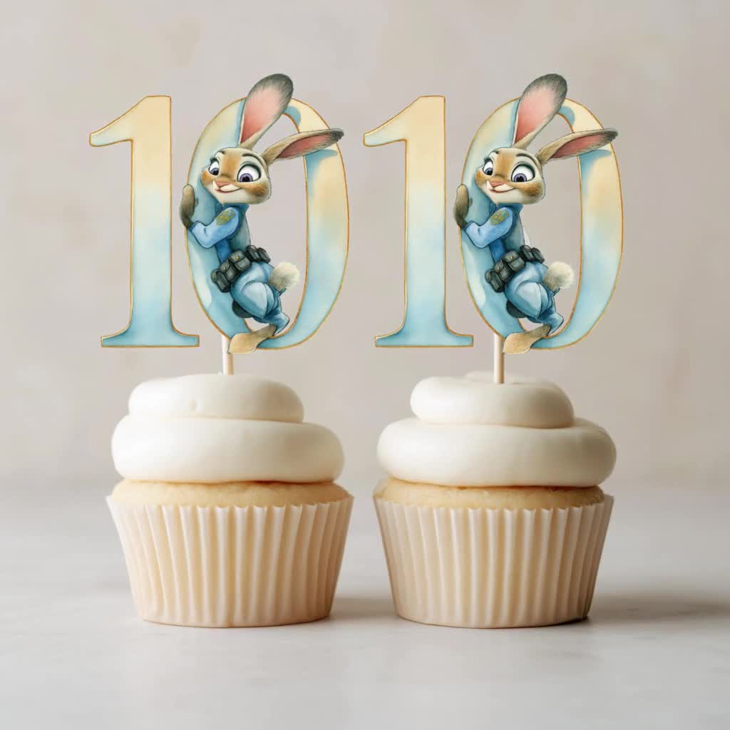 Zootopia Cupcake Toppers, Judy Number 10, Watercolor Birthday (Editable Canva Template) (Digital Download) video poster