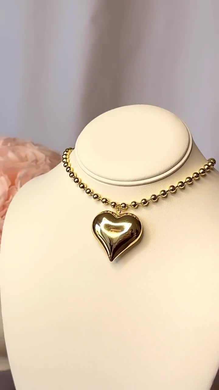Chunky Heart Choker, Gold Heart Necklace, Puffy Heart