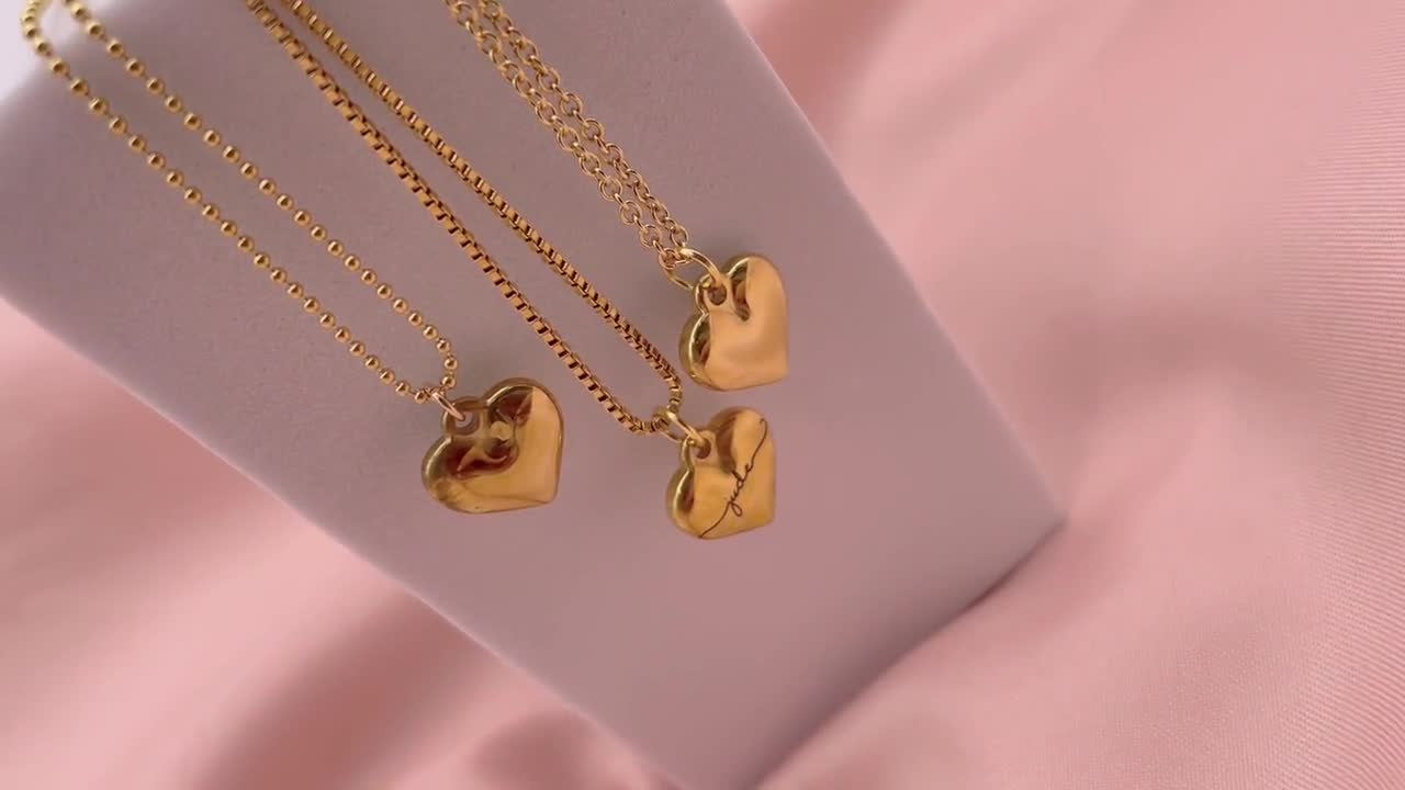 Mini Puffed Heart Necklace Puffy Chunky Gold Stainless Steel