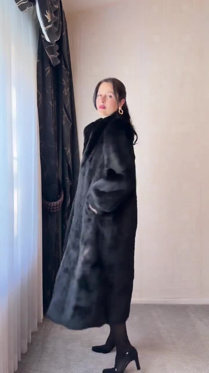 Vintage 80s KAMAL Black Rabbit Fur Longline Coat W/ Hidden Pockets