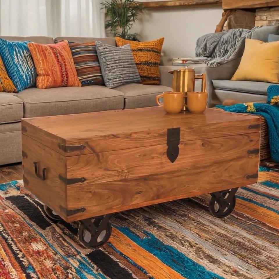 Acacia Wood Trunk Coffee Table on Wheels: Rustic Storage Blanket