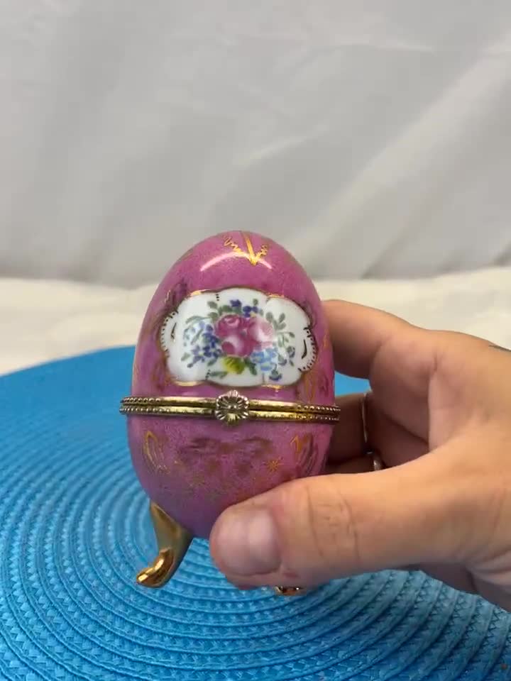 Vintage Pink Porcelain Egg With Hand-painted Floral Decoration and
