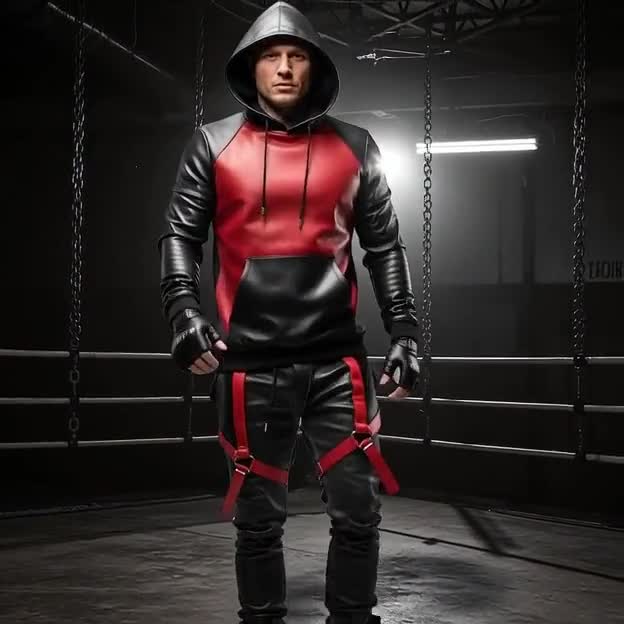 Men’s Black and Red Leather Hoodie & Pants | Futuristic Streetwear Outfit | Handmade Festival Dance Costume video poster