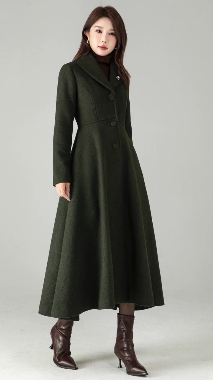 Army Green Wool Blend Maxi Coat – Herringbone A-line Winter Coat