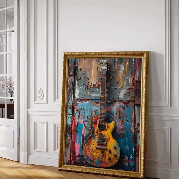 Bold Guitar Graffiti Art, Vibrant Urban Street Style Digital Print