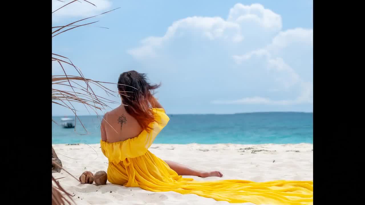 Tropical Beach Print | Woman in Yellow Dress