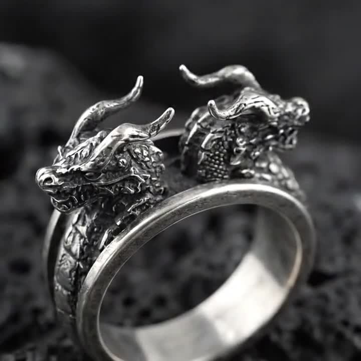 Sterling Silver Twin Dragons Ring, Mythical Jewelry - Etsy