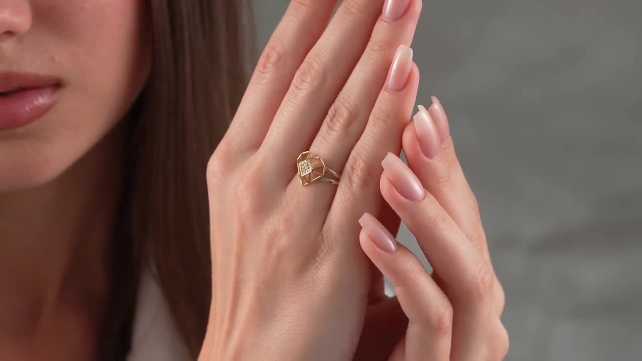 14K Gold Diamond Heart Ring - Minimalist Gold Cutout Geometric Thin Band, Dainty Love Jewelry video poster