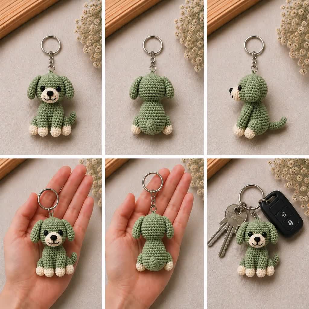 かぎ針編みの犬のキーホルダーパターン、あみぐるみ子犬のPDF
