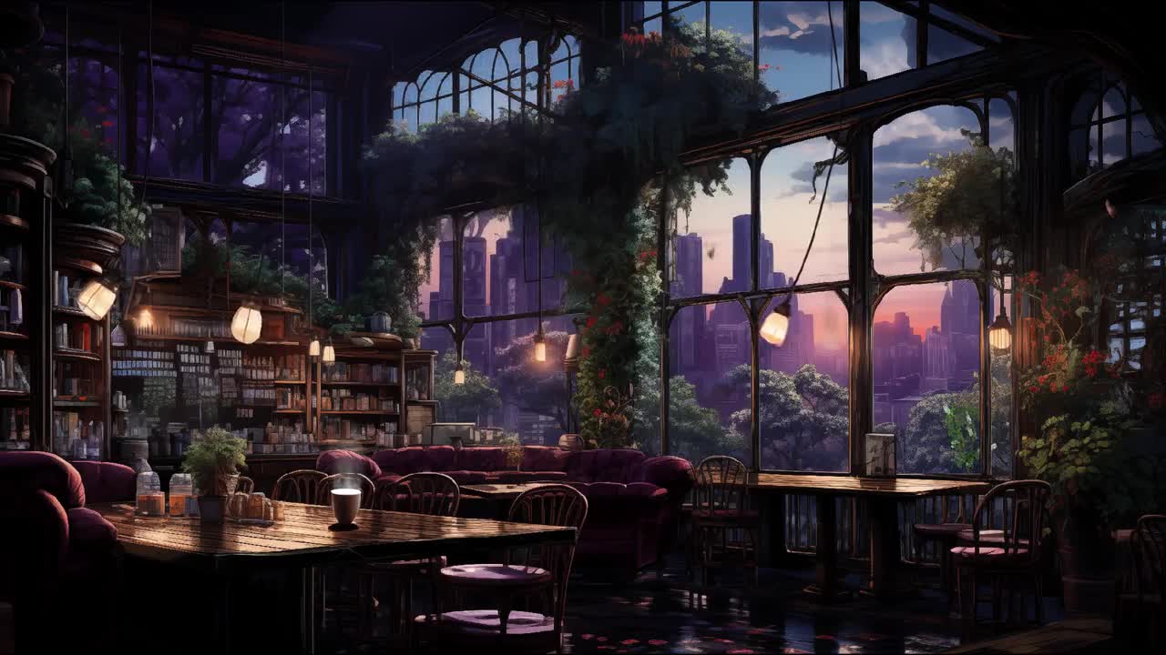 VTuber Urban Oasis: Cozy Lofi Cafe, City Ambience, and Enchanting Fantasy Overlay for Immersive Streaming zoom calls and vtuber animations video poster