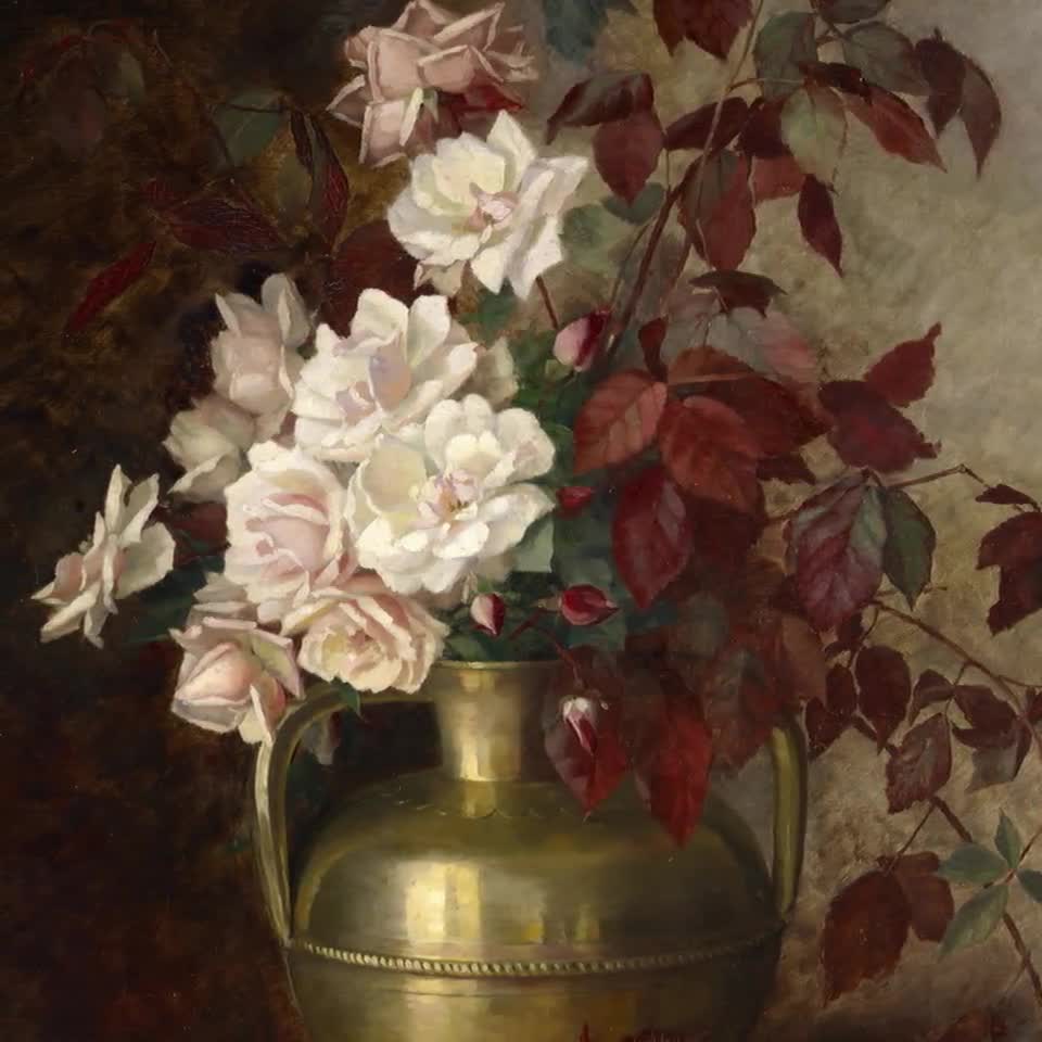 Flowers in Gold Vase Antique Floral Still Life Painting for