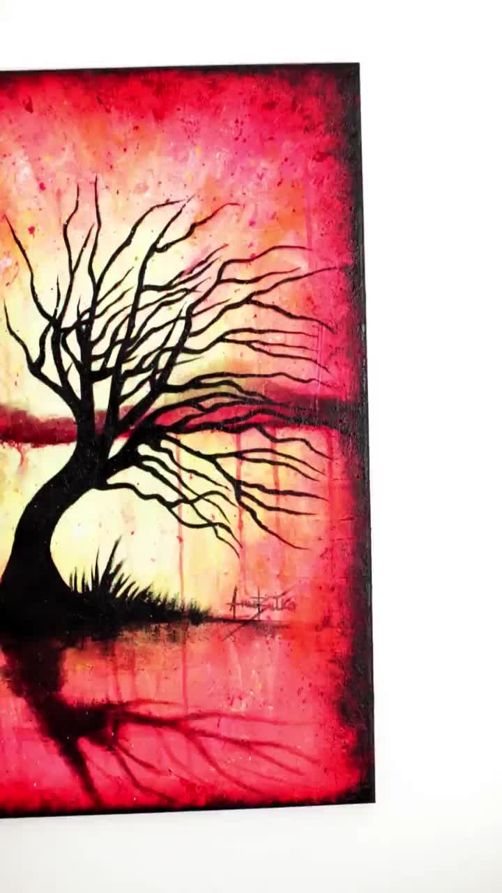 Art PAINTING Abstract Glow in the Dark Art Commission Tree Landscape  Original Colourful Modern Contemporary Black Red Acrylic Home Decor. 