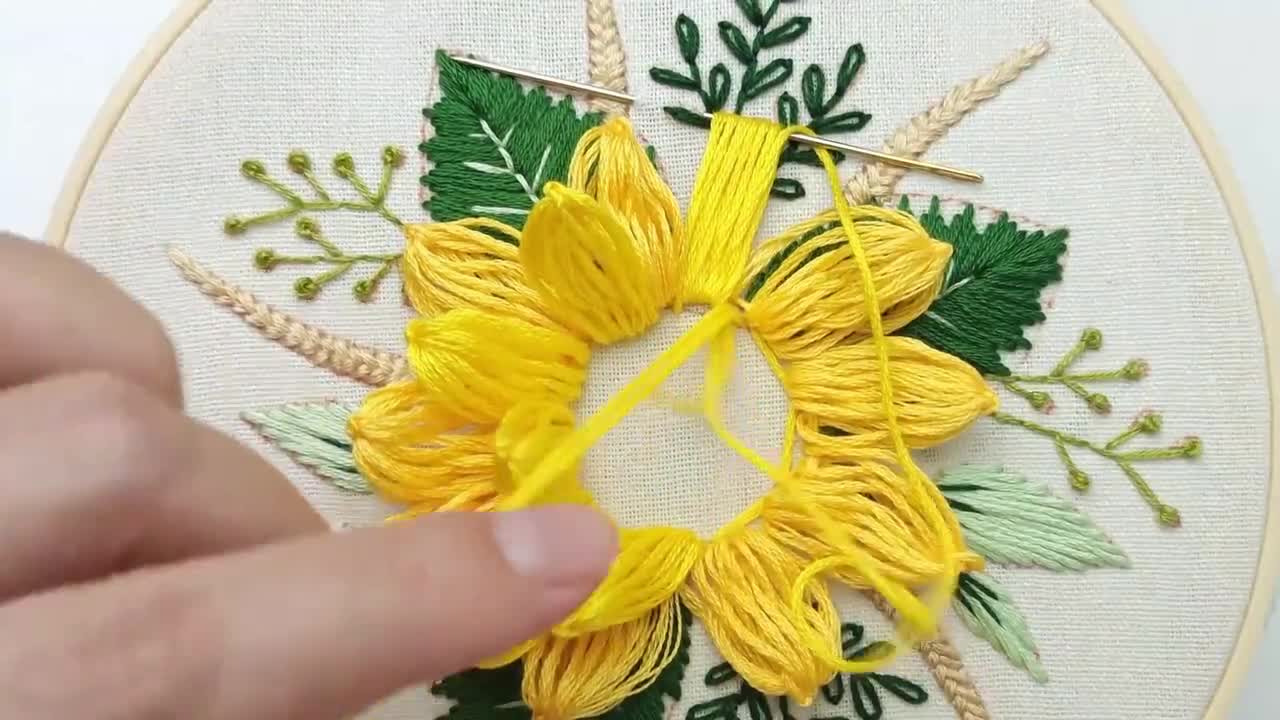 ひまわり刺繍PDFパターン、手刺繍ひまわり装飾、デジタルファイル、秋