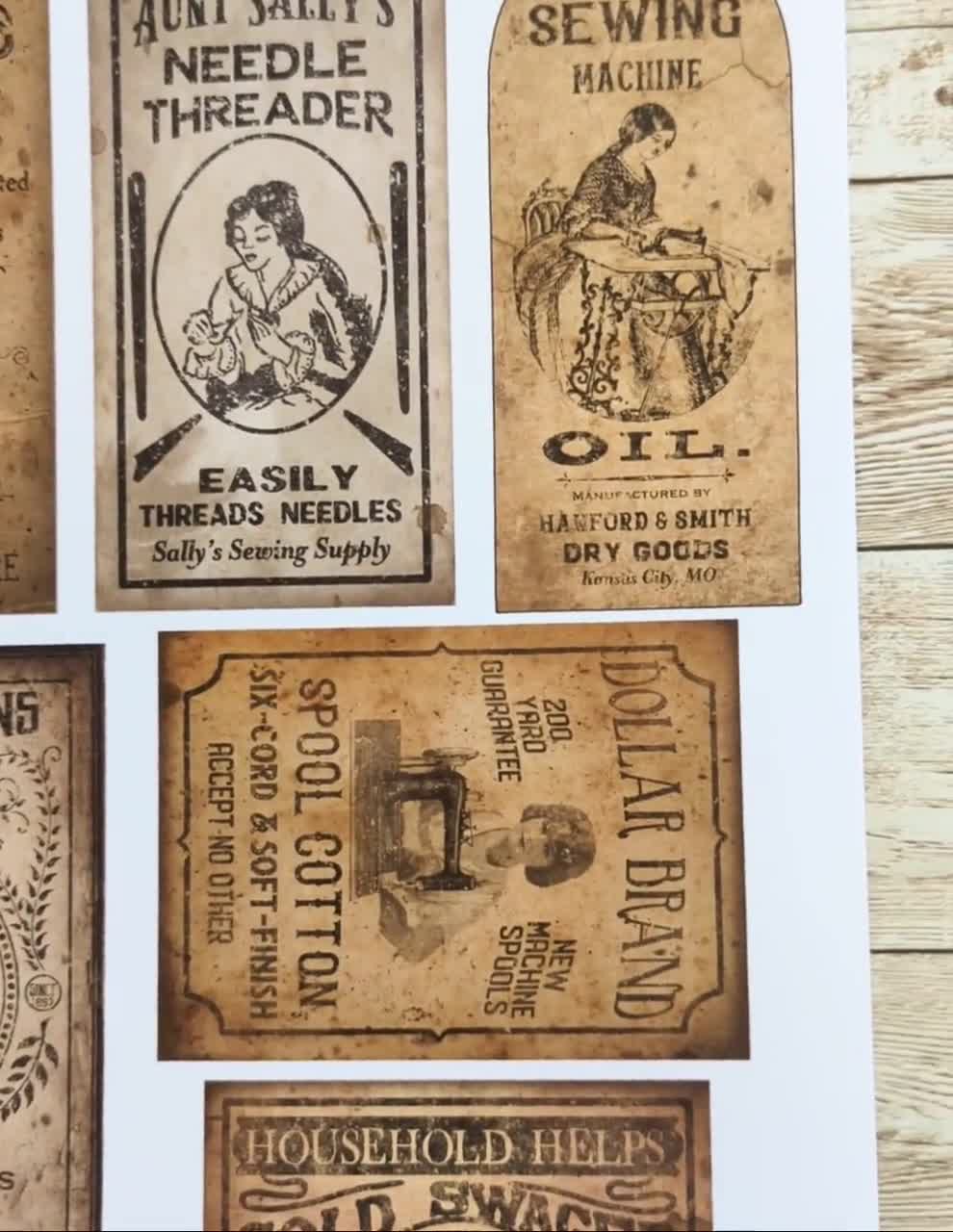 Vintage Sewing Labels, Primitive Digital Download Ephemera