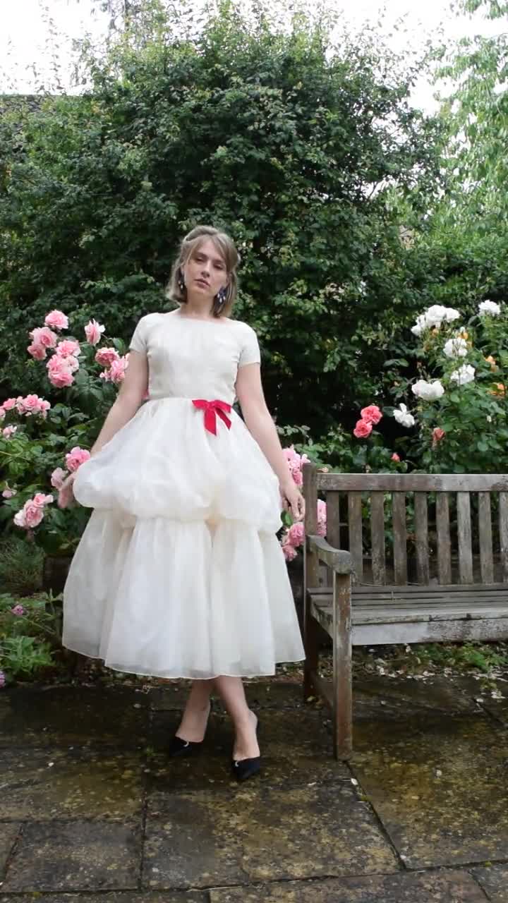50s Organza Puffball Dress. 25" Waist. Gathered Baloon Skirt, Midi. Velvet  Bows