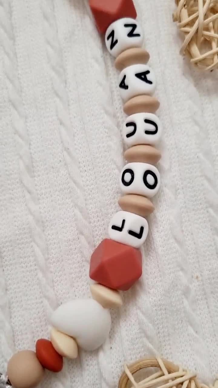 Personalized rainbow pacifier clip - Beige and terracotta silicone beads - baby gift video poster
