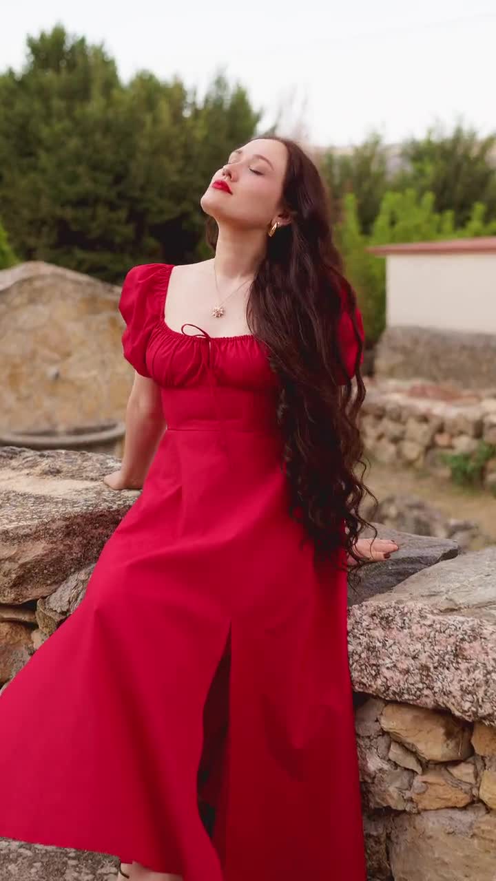 Red Poplin Corset Dress: Milkmaid Cottagecore Midi Dress