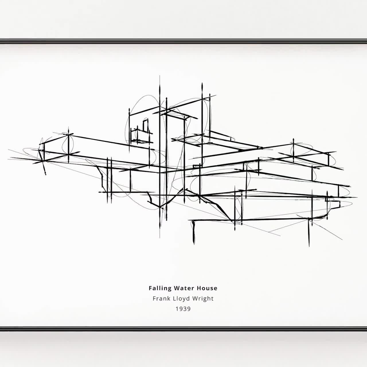落水荘の版画：フランク・ロイド・ライトの建築スケッチ（デジタル