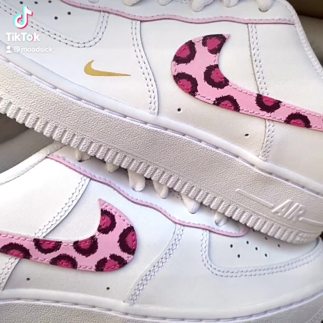 Nike Air Force 1 Custom Shoes Pink Leopard Swoosh Print Drip