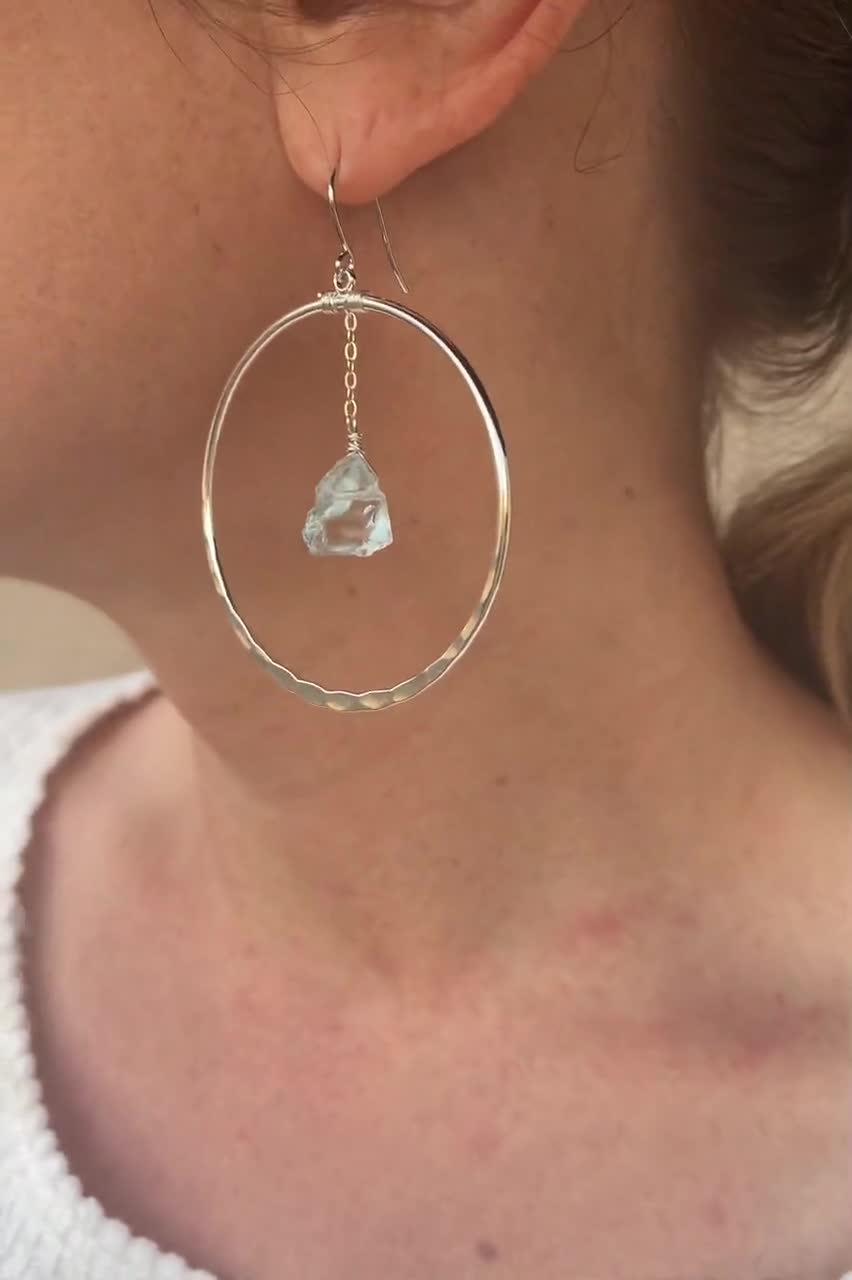 Silver Dangle Earrings - Aquamarine Crystal - Boho Earrings - Fierce Forward