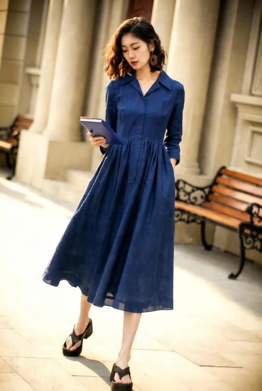 blue collar dress Rihoas Button Down Cap Sleeve Midi Shirt Dress