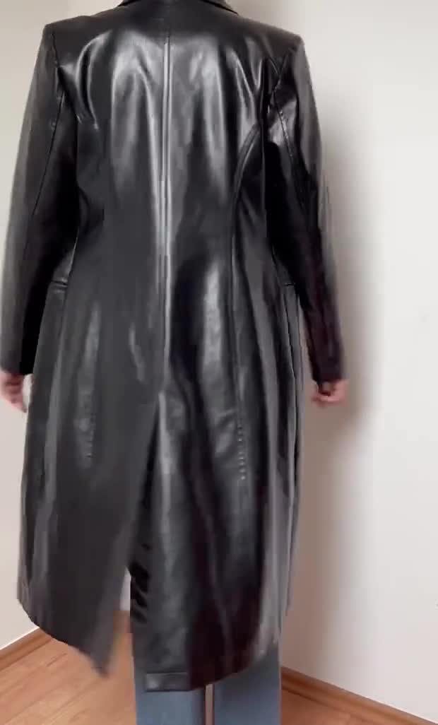 Y2K Vegan Leather Trench Coat - Long Black Faux Leather Matrix
