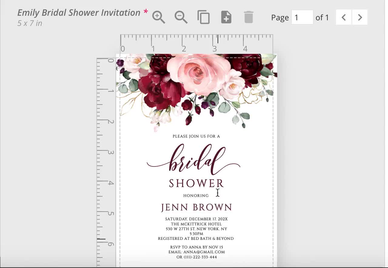 EMILY Bridal Shower Invitation Template With Burgundy Blush Florals,  Printable Bridal Shower Template, Red Blush Pink Bridal Shower Invite -  Etsy Denmark