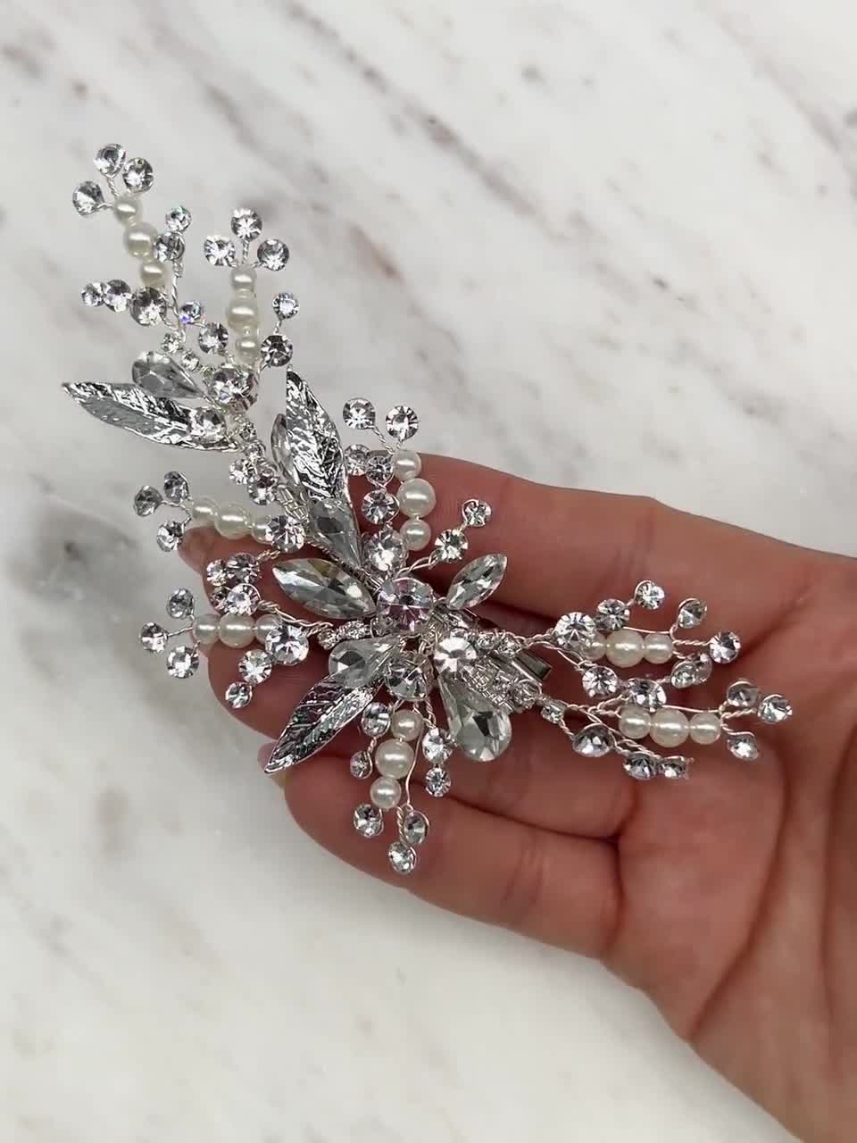 Fermaglio Floreale Argento Fermaglio Capelli Sposa Argento - Perle E Cristalli Floreali Fermaglio Cristalli Swarovski - Foto 11