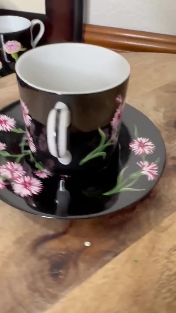 Tiffany & Co Mrs Delany Flowers Cup Saucer Black Pink Floral