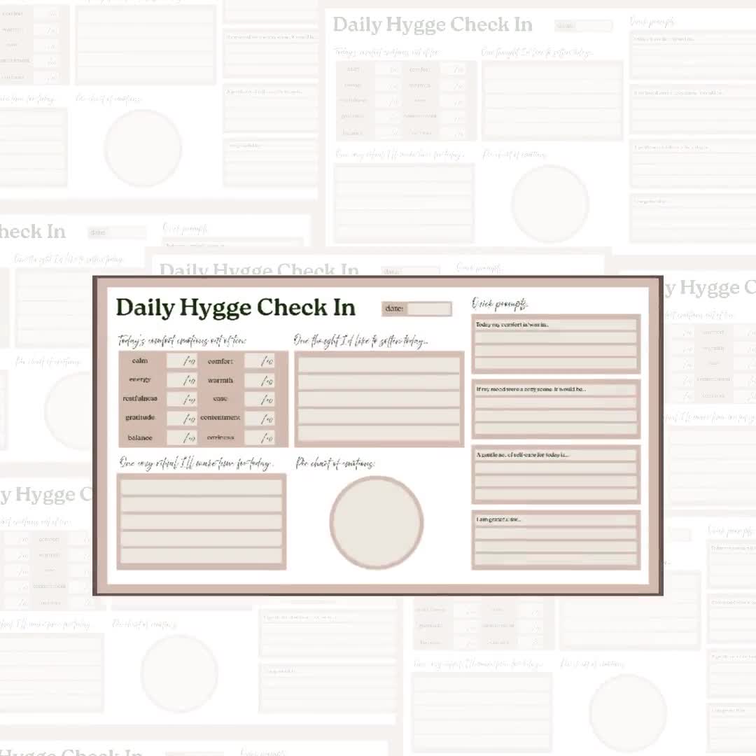 Rastreador de hygge diario imprimible, página de diario de mindfulness acogedor, rastreador y planificador de calma y comodidad en PDF video poster