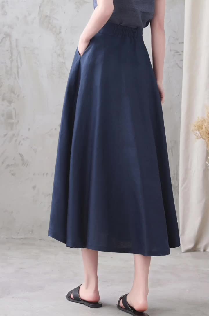 Dark Blue High Waist A Line Elastic Waist Linen Skirt 3339