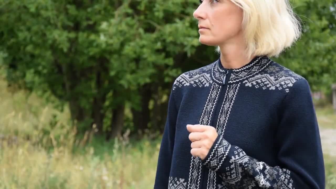 Navy Woolen Cardigan With Fair Isle Pattern Nordic Icelandic