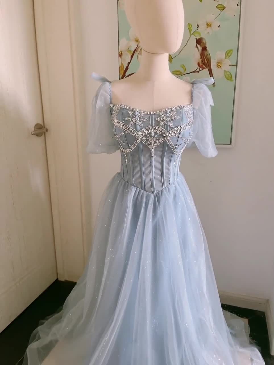 Fairy Blue Tulle Prom Dress: Long Princess Evening Gown