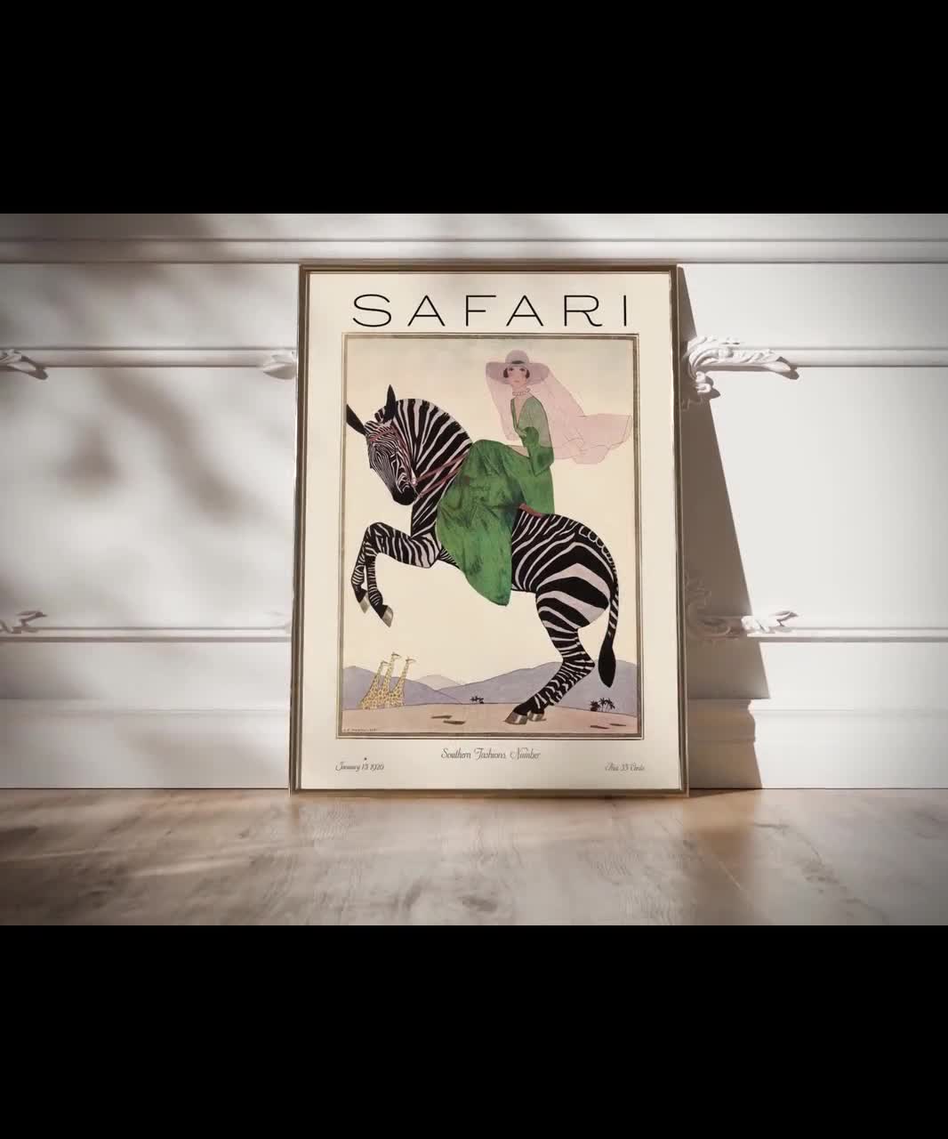 Safari Fashion Poster Magazine Cover, Vintage Woman on Zebra