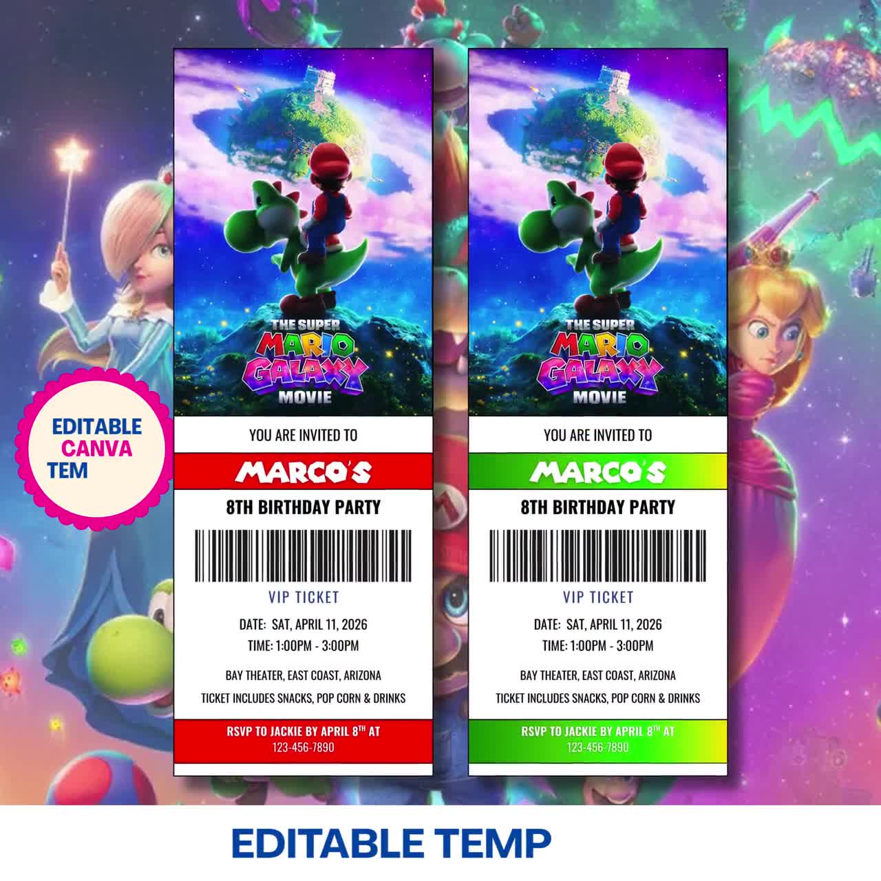 Invitación editable para la película Super Mario Galaxy, invitación para fiesta de cumpleaños de Super Mario, entrada para la película Mario Galaxy 2026, invitación imprimible video poster