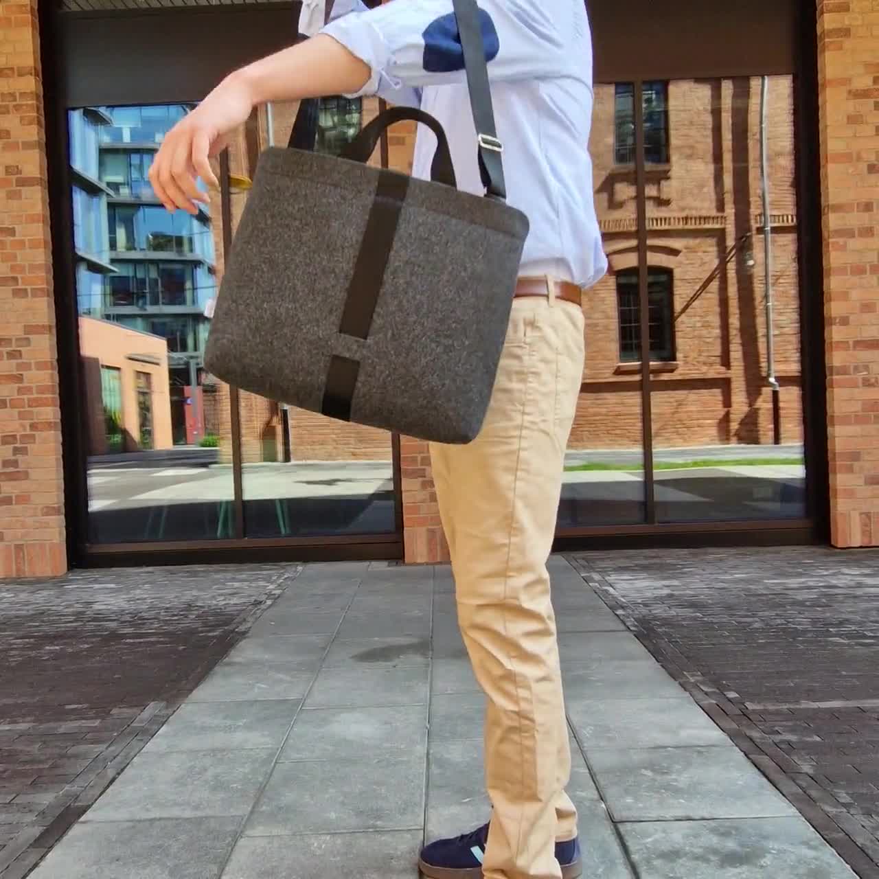 FELT SHOULDER BAG charcoal felt laptop bag long adjustable car belt strap zipper closed crossbody bag inside pockets