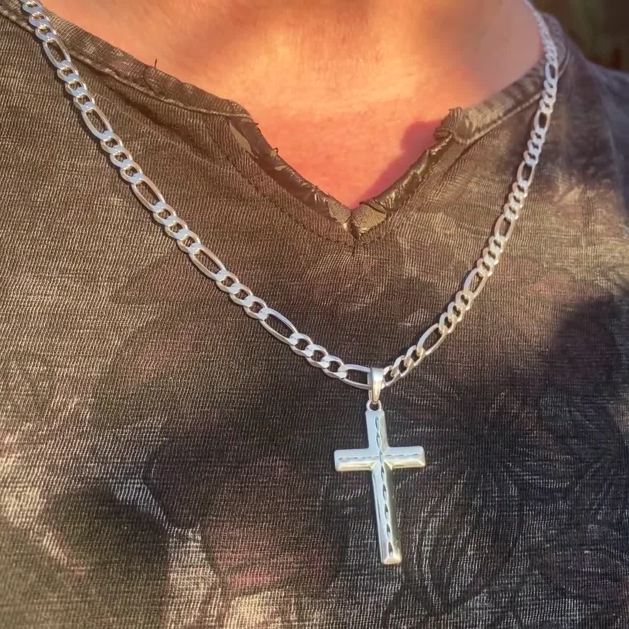 Mens Sterling Silver Diamond Cut Cross Necklace with Figaro Chain and Meaningful Keepsake Card - Ready To Give Gift In Box video poster