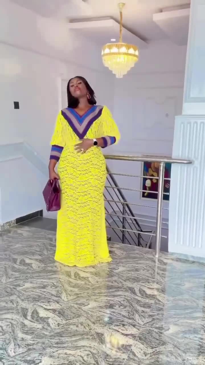 Gorgeous Yellow African Lace Dress, Aso-Oke Combination Nigerian Wedding  Suit, Handmade Vintage Embellished Party Gown, Thanksgiving Dinner